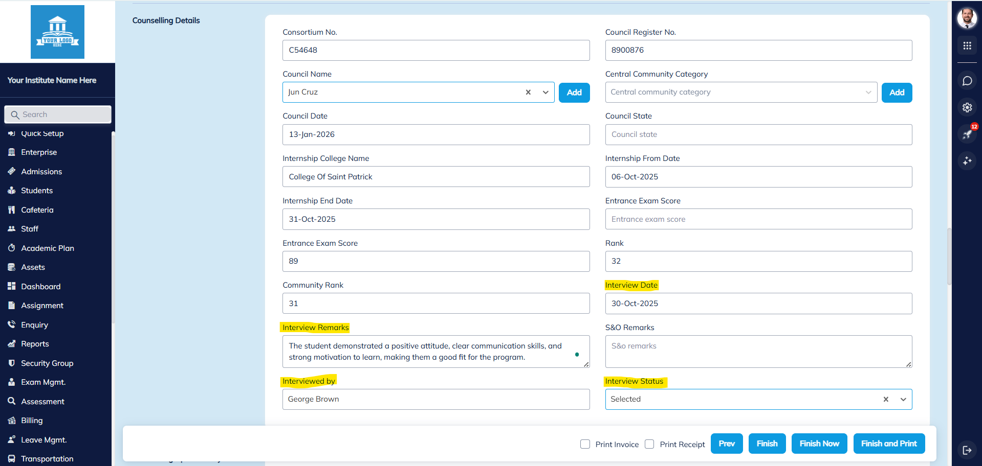 Interview, Counselling and Selection Management