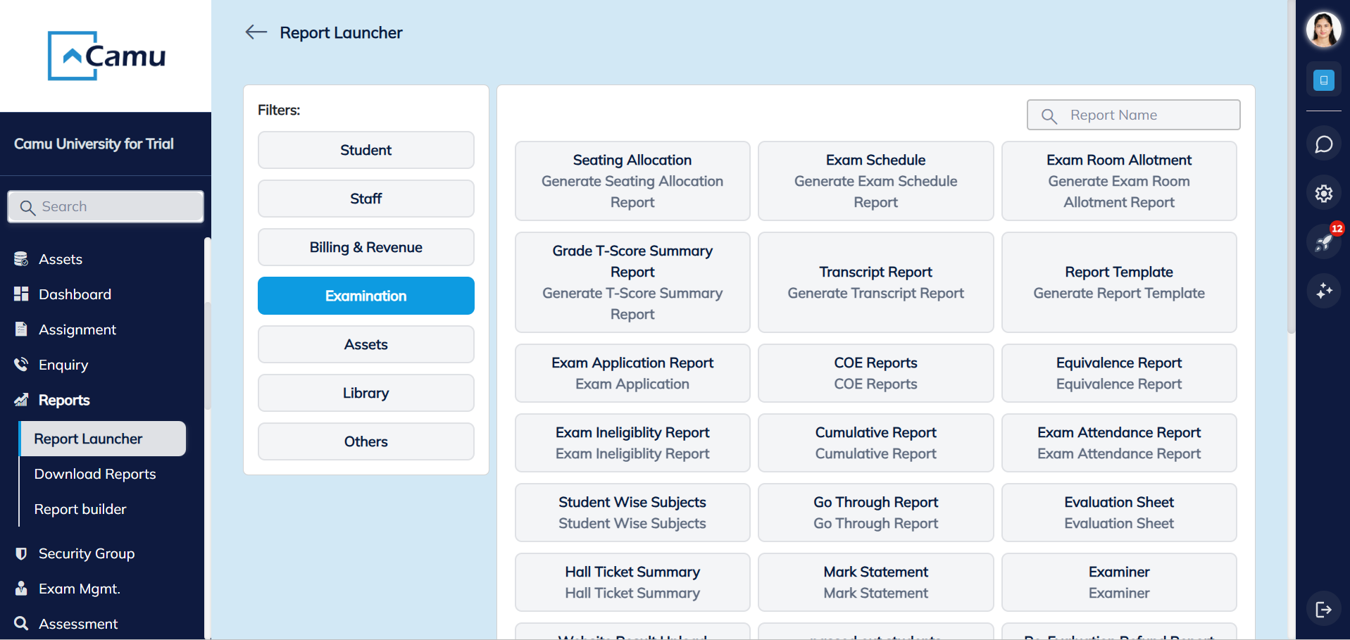 Examination reports and analytics