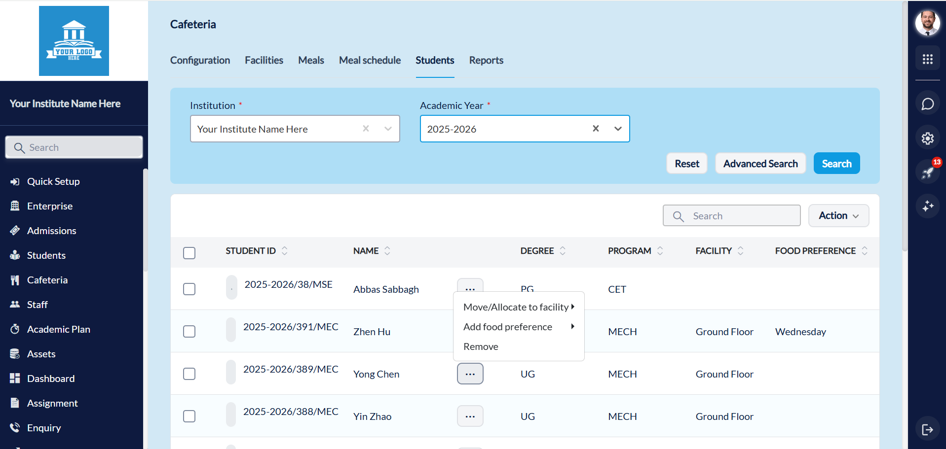 Student Cafeteria Dashboard